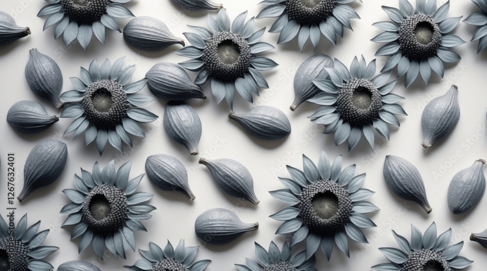 Aufkleber Gray sunflower seeds and flowers arranged artistically on a white background showcasing unique textures and shapes in a minimalist design.