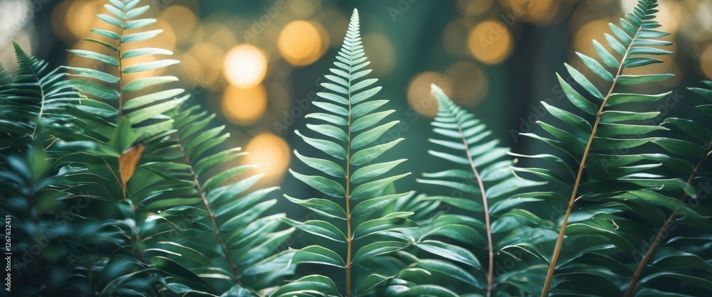 Poster lush fern leaf arrangement with bokeh background and space for text in nature inspired design