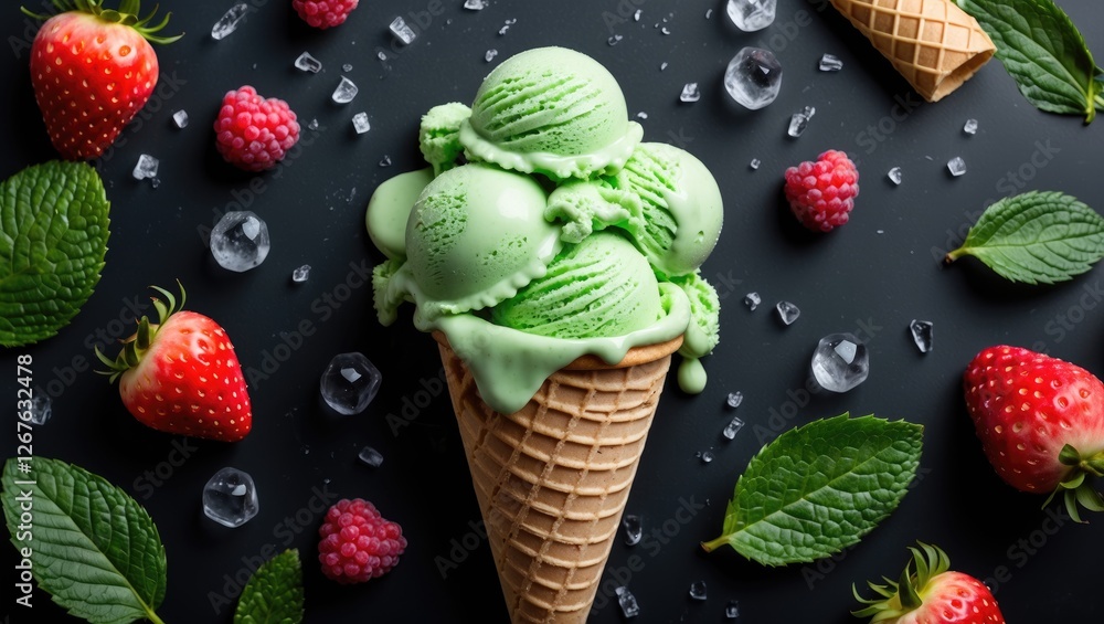 Aufkleber homemade green ice cream in waffle cone surrounded by fresh fruit and mint on dark background with s