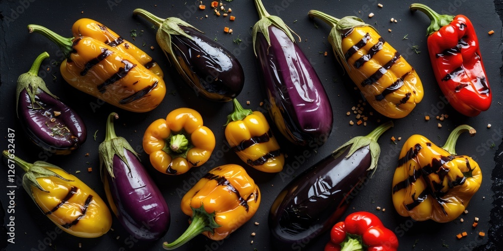 Aufkleber grilled colorful peppers and eggplants on black slate background with copy space for recipe or culin
