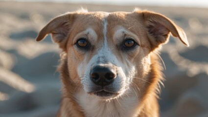 Close-Up Portrait of a Dog on the Beach with Soft Light and Sandy Background capturing Natural Expression and Emotive Features