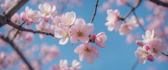Obraz premium Delicate cherry blossom branches against a clear blue sky with ample space for text overlay in a serene springtime setting.