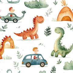 Obraz premium Happy kids and dinosaurs adventure watercolor art joyful scene