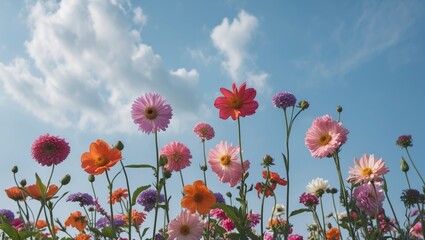 Obraz premium Vibrant Flower Field Against Clear Blue Sky With Space For Copy Ideal For Inspirational Text And Nature Themes
