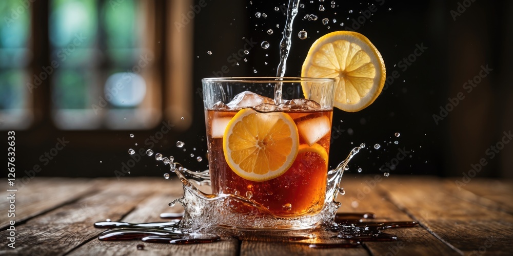 Aufkleber Iced tea splashing with lemon slice on wooden table with empty space for text refreshing beverage image for summer promotions.