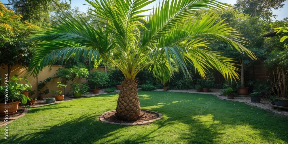 Poster Lush Green Palm Tree Surrounded by Foliage in Garden with Clear Space for Added Text and Design Elements