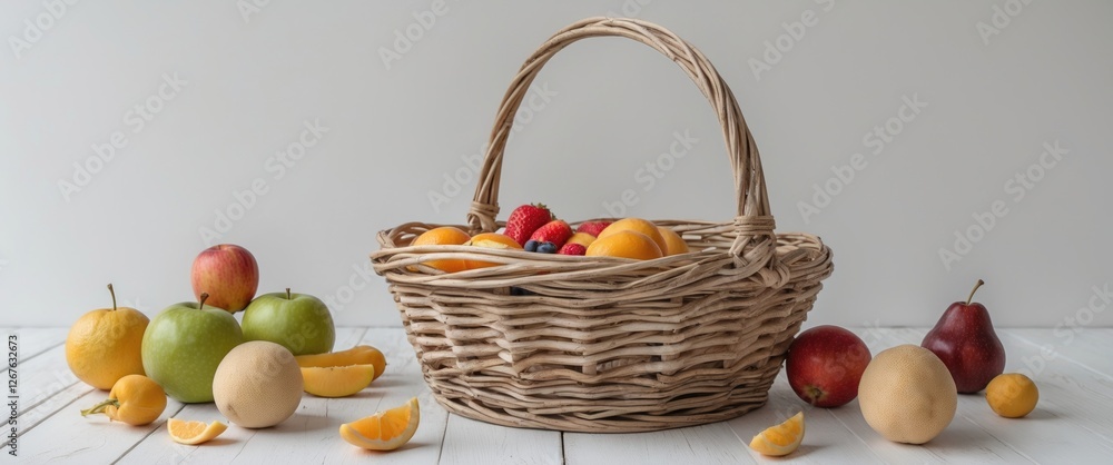 Poster wicker basket filled with fresh fruits on wooden surface with assorted citrus and apples displayed a