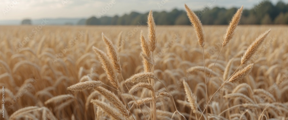 Poster Golden Wheat Field with Tall Dried Ears Gently Swaying in the Wind and Ample Space for Text Insertions in Background