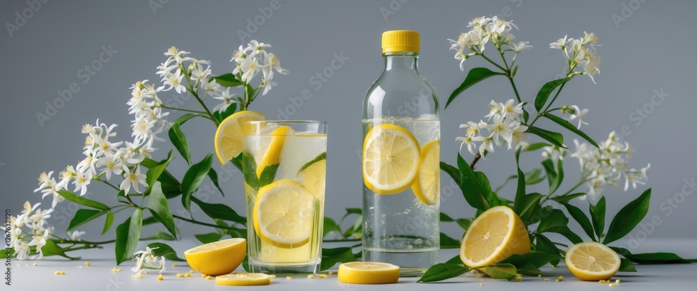 Poster lemonade drink setup with fresh elder flowers and slices of lemon on light grey background ideal for