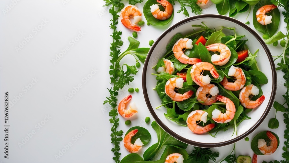 Aufkleber healthy green salad with shrimps on white background fresh ingredients and empty space for text nutr