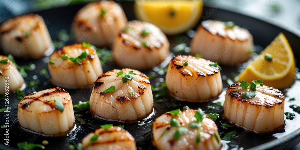 Aufkleber Grilled scallops garnished with herbs and lemon served on a black plate with soft focus and ample empty space for text placement.