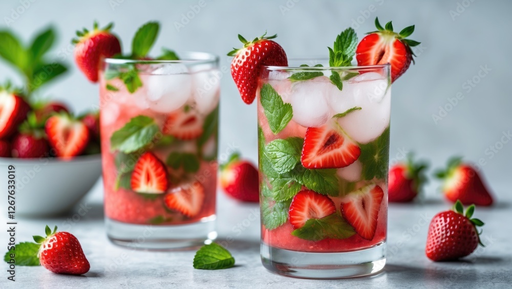 Aufkleber Refreshing Strawberry Mojito Cocktails with Mint and Ice Cubes Served on a Light Background with Fresh Strawberries and Empty Space for Text