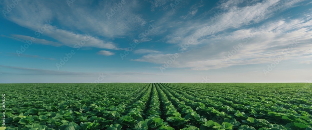 Poster lush green field under a clear blue sky with open space for text or promotional content