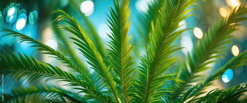 Poster close up of lush green palm tree leaves against a blurred light background ideal for text insertion 