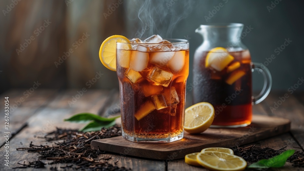 Aufkleber Refreshing Iced Tea in Glass with Fresh Lemon Slices and Ice Cubes on Rustic Wooden Table with Empty Space for Text or Branding