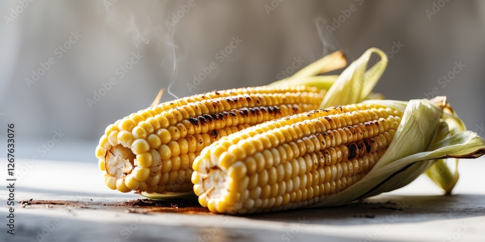 Poster grilled corn on the cob with smoke and empty space for text ideal for food promotions and recipes