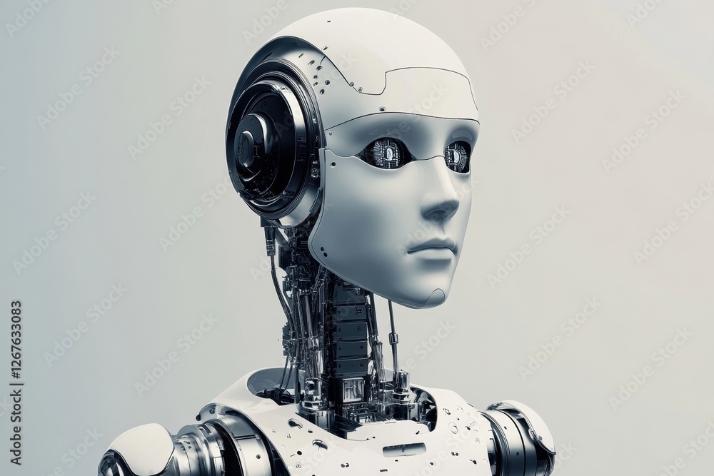 Poster advanced humanoid robot with intricate machinery in a futuristic setting
