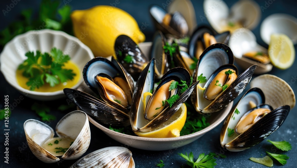 Poster freshly prepared mussels with lemon and parsley garnish served in shells on a rustic table decorated
