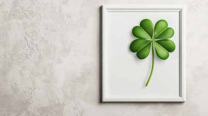 Vibrant clover leaf in a frame on textured wall, St. Patrick's Day