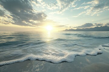 Fototapeta premium Serene sunrise over calm ocean waves with distant mountains on the horizon