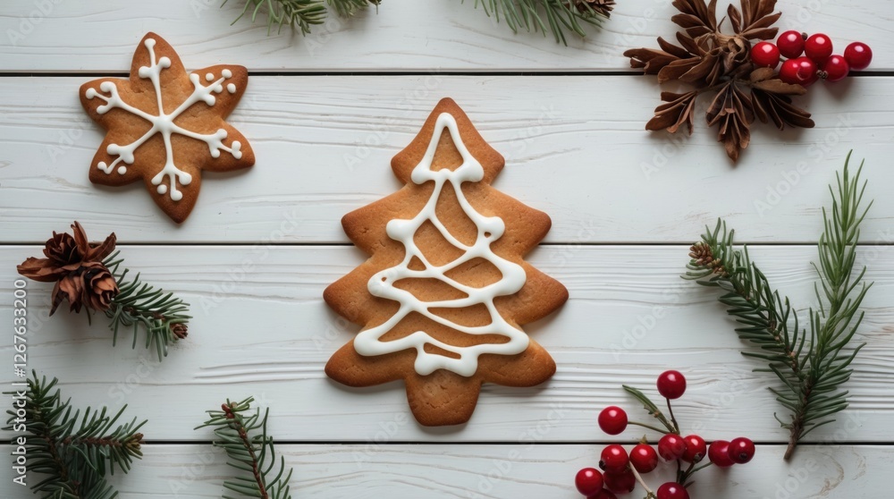 Poster gingerbread christmas tree and snowflake cookies surrounded by pine branches and berries on a light 