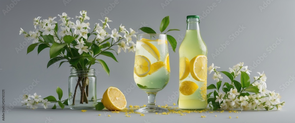 Poster refreshing lemonade with lemon slices and elderflower arrangement on light grey background ideal for