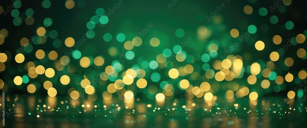 Poster Green and Gold Bokeh Abstract Background with Soft Lights for Festive or Decorative Use