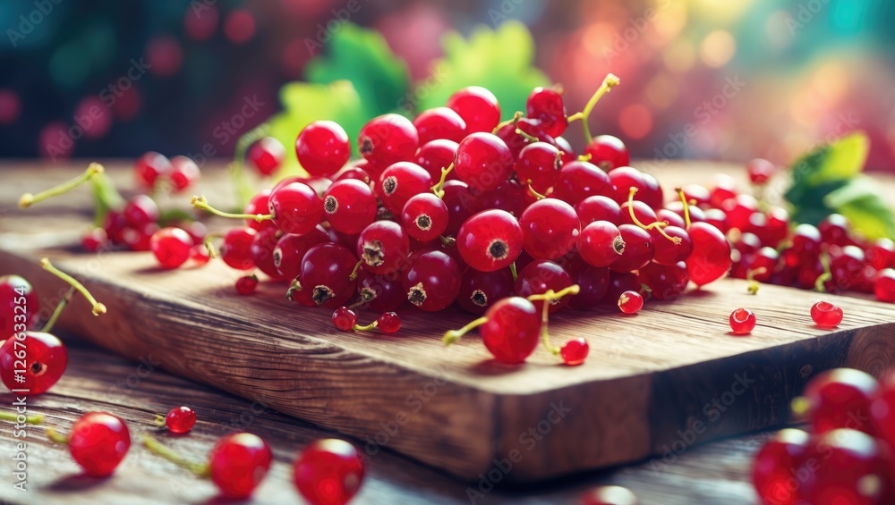 Poster fresh red currants piled on a rustic wooden board surrounded by lush greenery and soft bokeh backgro