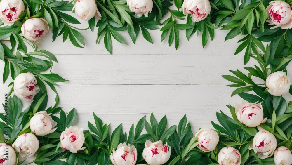 Poster Peony Flowers and Green Leaves Frame on White Wooden Background with Empty Space for Text for Invitations or Announcements