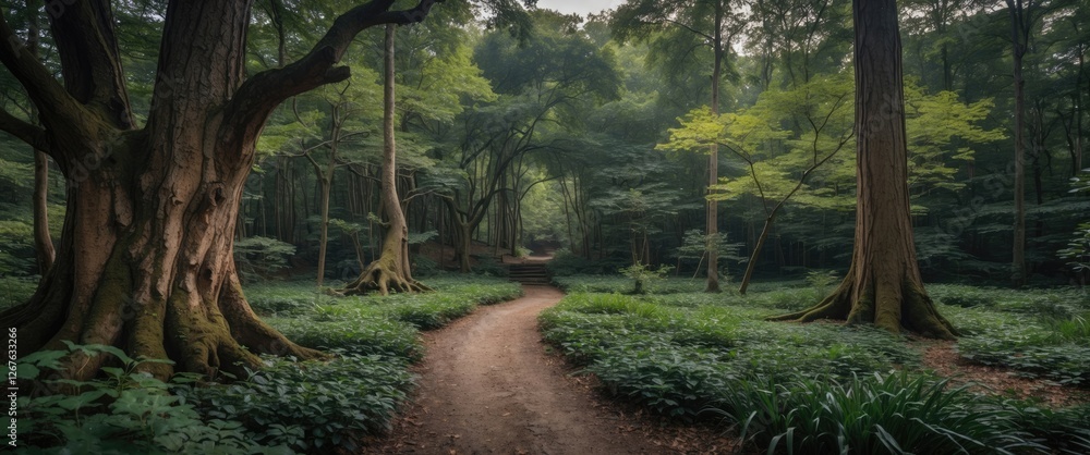Poster serene fairy forest scene with pathway and lush greenery ideal for nature themes and text placement