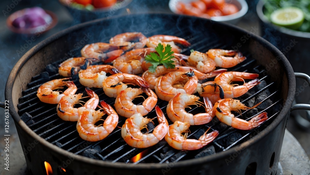 Poster grilled shrimp on charcoal grill with fresh ingredients and empty space for text ideal for seafood b
