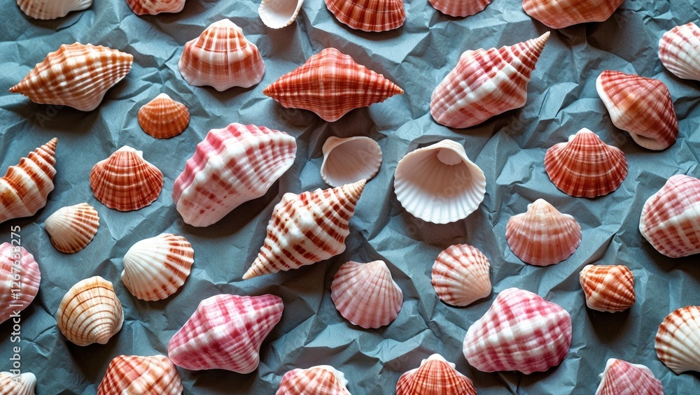 Poster pink sea shells arranged on crumpled paper with space for text ideal for nautical themes and beach-r
