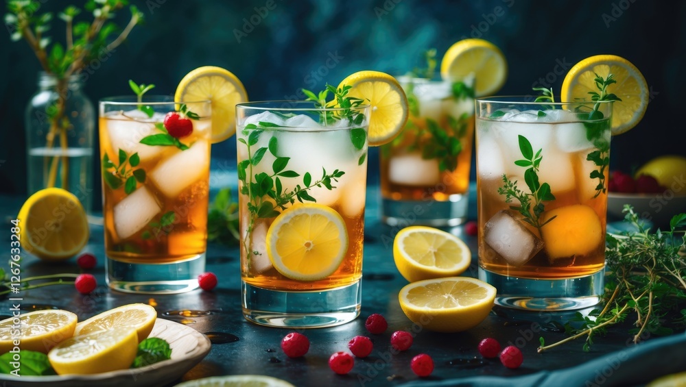 Poster refreshing summer drinks with lemon and thyme ice tea cocktails in glasses perfect for parties and p