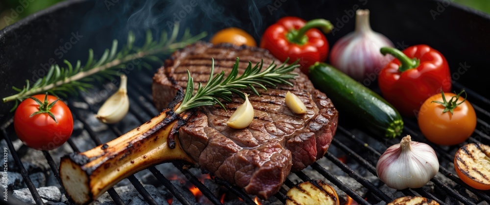 Poster grilled beef steak with aromatic vegetables on charcoal grill ideal for barbecue and culinary promot