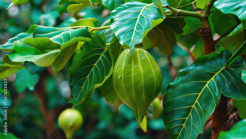 Poster lush green guava leaves with a close-up view of developing fruit showcasing vibrant natural foliage 