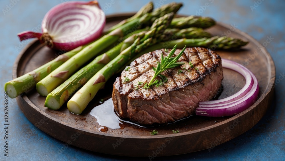 Poster grilled filet mignon served with fresh asparagus and red onion on rustic wooden plate