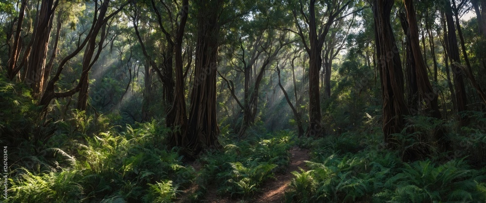 Poster lush enchanted forest with sunlight beaming through tall trees and dense green ferns in a serene nat
