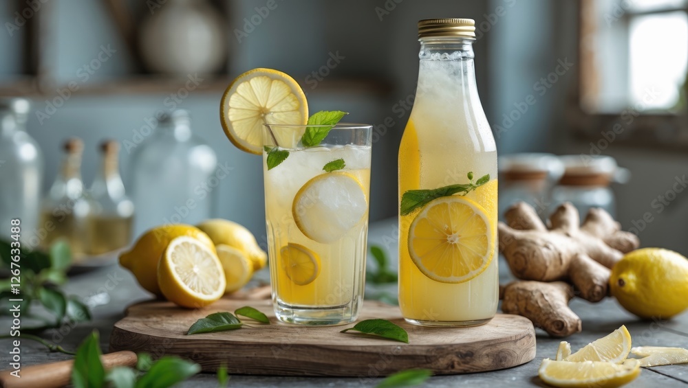 Poster Refreshing Ginger Lemon Drink in a Bottle with Glass Garnished with Lemon and Ginger Root on Wooden Board and Copy Space for Text