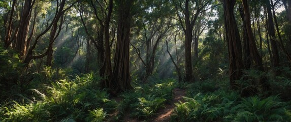 Lush Enchanted Forest with Sunlight Beaming Through Tall Trees and Dense Green Ferns in a Serene Natural Landscape