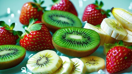 Colorful arrangement of sliced kiwi, banana, and strawberries on a light background showcasing healthy and fresh fruit for nutrition concepts.