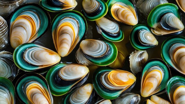 Colorful Green Mussel Shells Close-Up Displaying Intricate Patterns and Textures on a Natural Marine Background