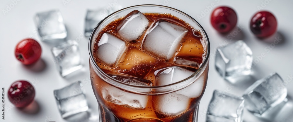 Aufkleber refreshing glass of cola with ice cubes and berries on a white background viewed from the top showca