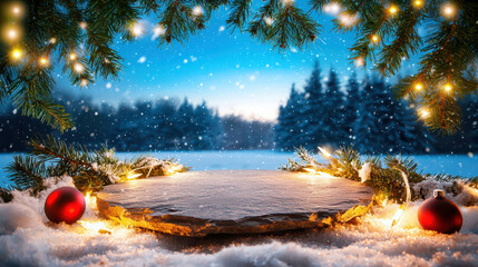 A winter scene featuring a snow-covered landscape with pine branches, lights, and ornaments, creating a festive atmosphere.