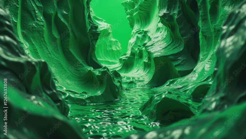 Poster vibrant green abstract landscape with textured formations and reflective water, creating a surreal a