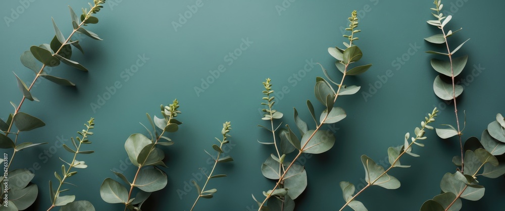 Poster eucalyptus leaves on green background with space for text and design elements