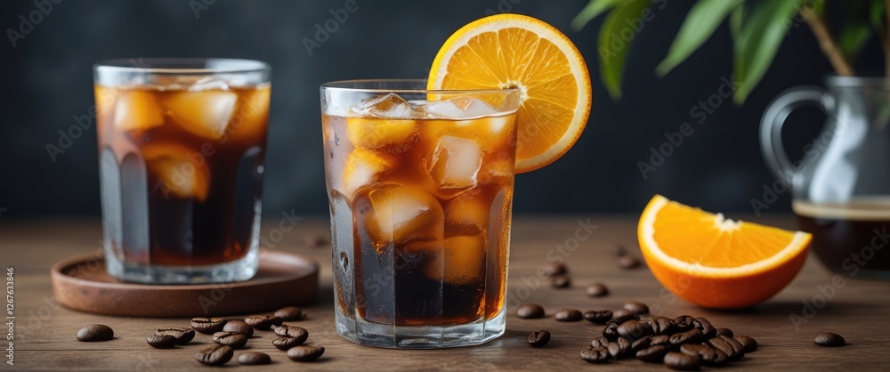 Aufkleber iced cold brew coffee served with fresh orange slices and coffee beans creating a refreshing beverag