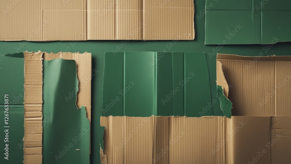 Poster Abstract flat lay of ripped green and brown cardboard pieces on solid background creating unique textured pattern for creative projects