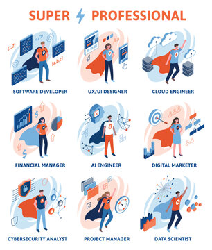 Top professions on demand. Set of vector illustrations in isometric style. Designer, engineer, financial, digital, ai, marketer, cybersecurity, analyst, project, data, scientist.