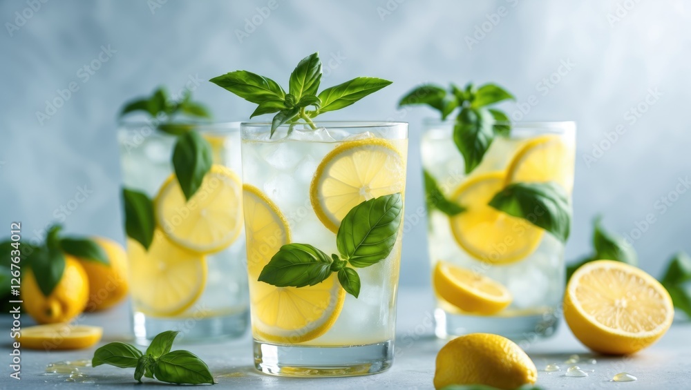 Poster Refreshing Basil Lemonade in Glasses with Slices of Lemon on a Light Background for Summer Beverage Promotion
