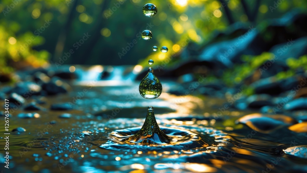 Poster captivating close-up of water droplets in mid-air above a tranquil stream creating ripples in a sere